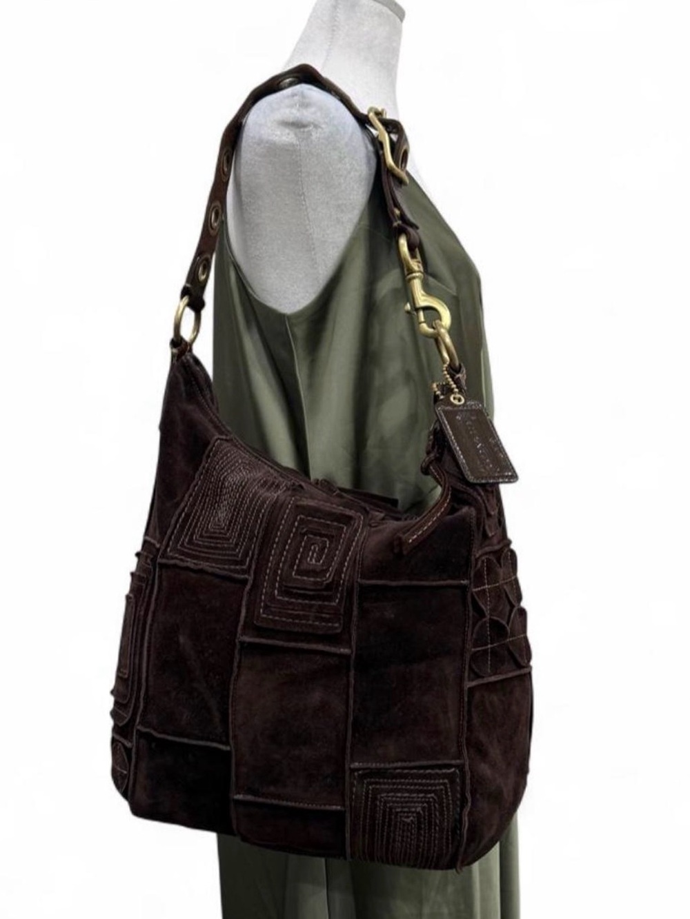 Vintage Coach Mosaic Dark Brown Suede Patchwork Shoulder Bag Geo Pattern unique